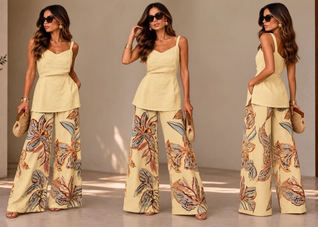 A mesma modelo em três poses com a bata 100% linho amarela da BATICHE e a calça pantalona estampada NATURAL BASIC, segurando uma bolsa de palha