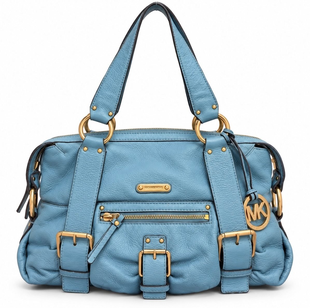 Bolsa Michael Kors azul-celeste em fundo branco, vista de frente